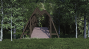 3D model of a pedestrian and bicycle bridge featuring supporting arches made of glued-laminated timber and structural solid wood elements.